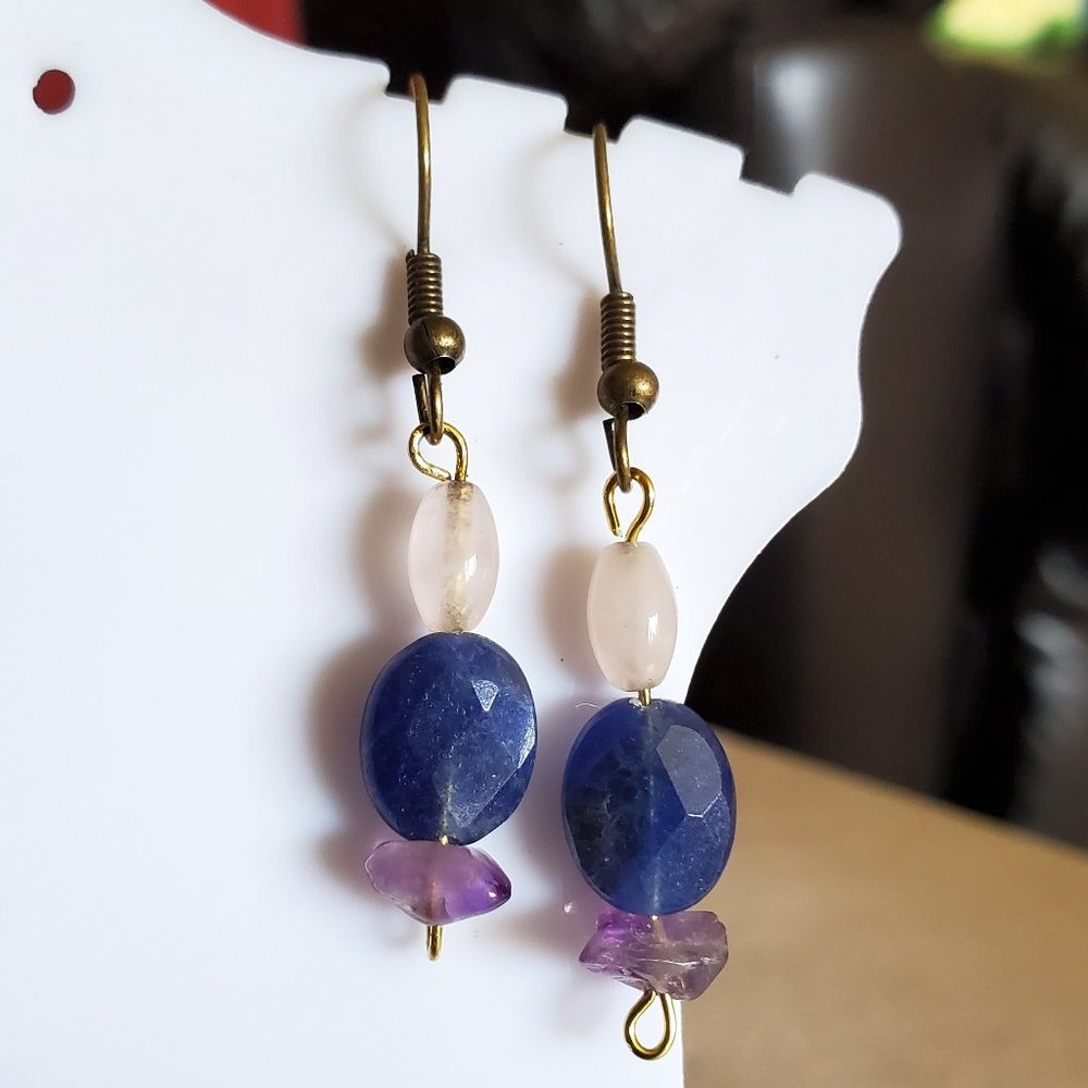 Bronze Hook Quartz Amethyst and Sodalite Earrings